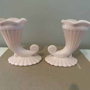 Vintage Pink Milk Glass Cornucopia Vases